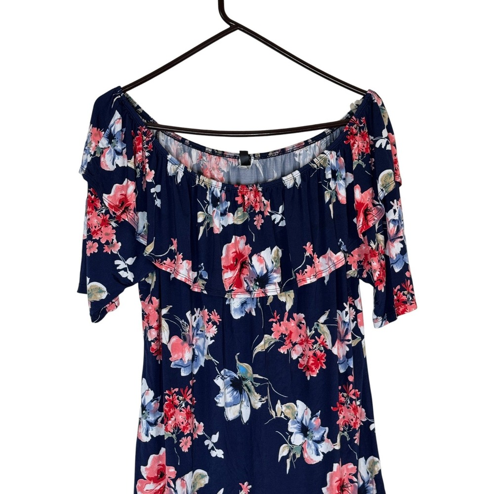 Banabee Womens Off Shoulder Floral Ruffle Top Navy Pink Blue Short Sleeve Size M - Picture 2 of 12